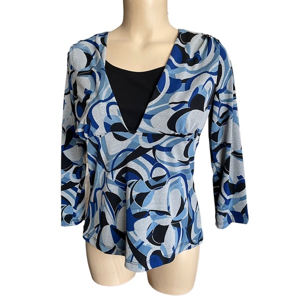BRIGGS NEW YORK Top Blouse Faux Layered Blue Geometric Print Size Petite Medium - Picture 1 of 15